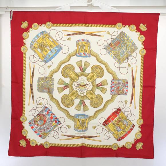 HERMES Carre 90 LES TAMBOURS Scarf Silk Red Auth 59263 - Picture 16 of 16